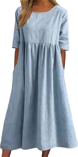 Womens Summer Midi Cotton Linen Ruched Dress, Casual A-line Empire Waist Elegant Modest Half Sleeve Long Dresses with Pockets