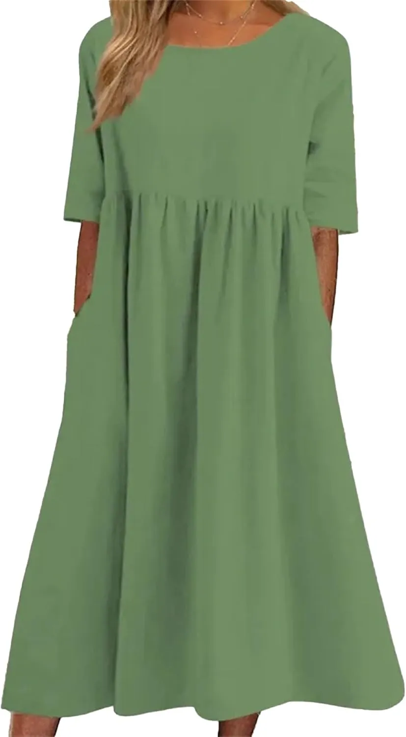 Womens Summer Midi Cotton Linen Ruched Dress, Casual A-line Empire Waist Elegant Modest Half Sleeve Long Dresses with Pockets